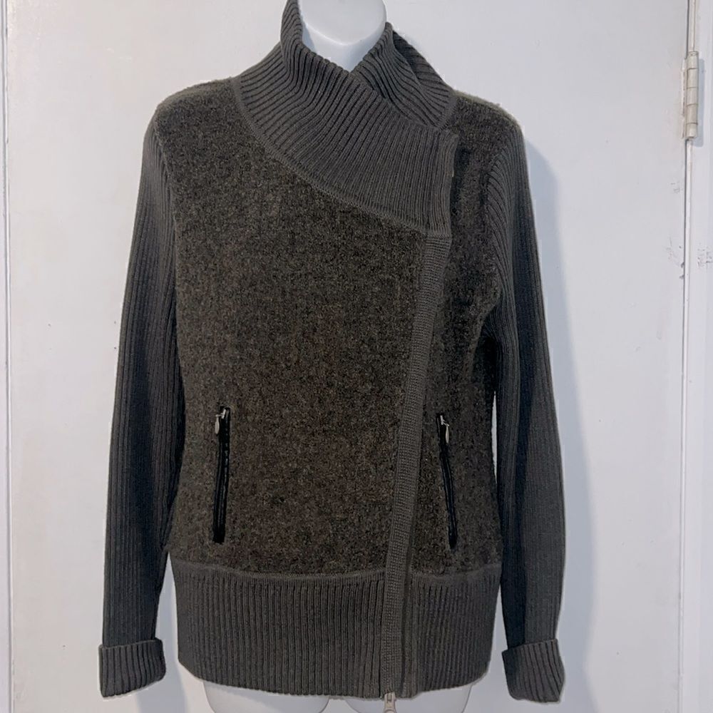MARGARET O’LEARY Dark Olive Green Knit Sweater Moto Jacket-L